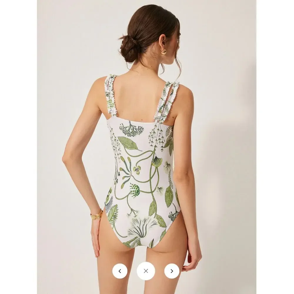 Commense Floral Print Ruffle Strap One-Piece Swimsuit and Skirt cover Up Sz L